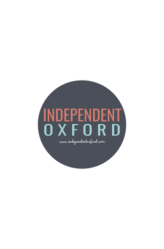 Logo with INDEPENDENT in coral and OXFORD in light blue on dark gray circle, with a white cursive website below